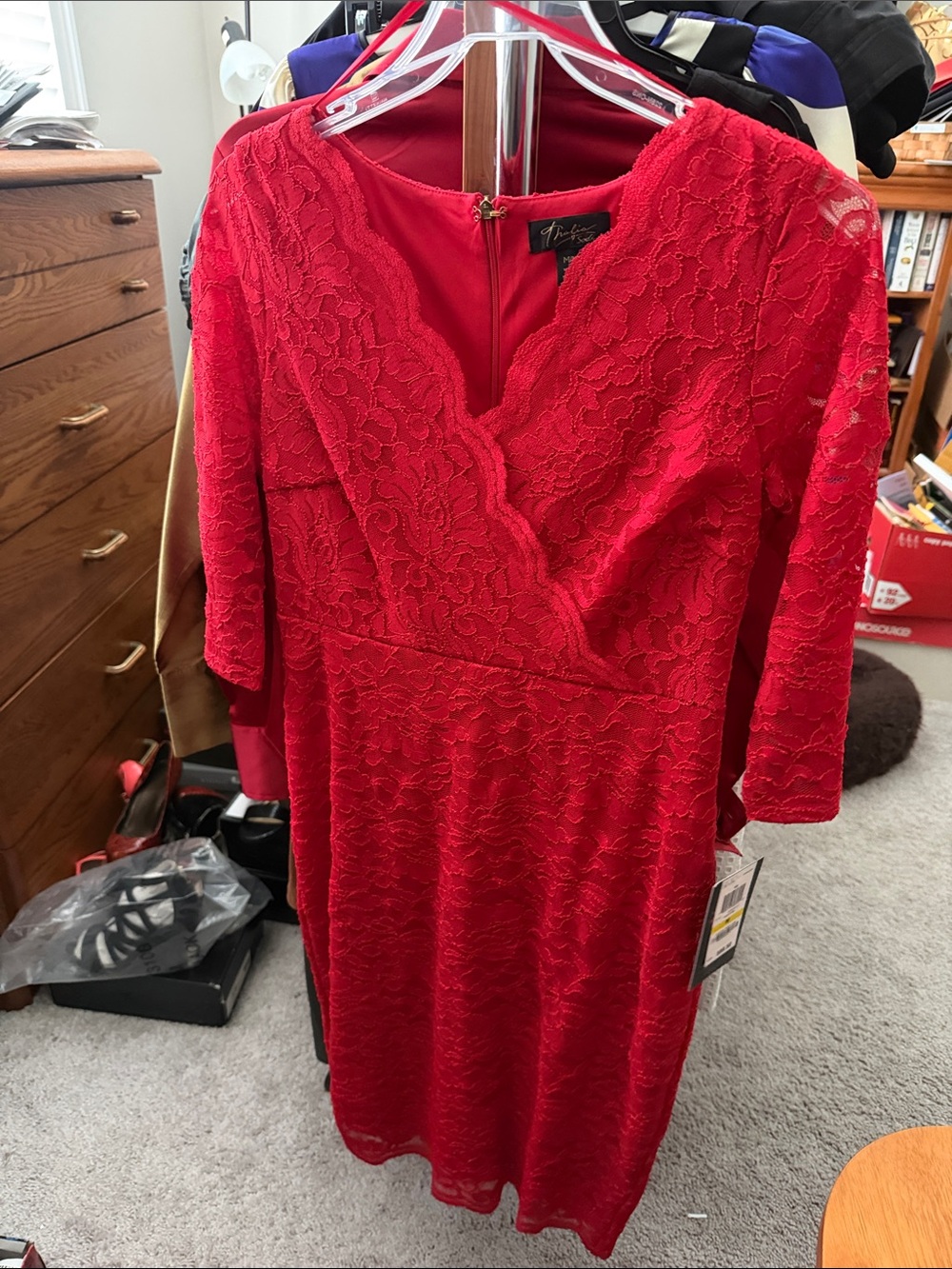 Thalia Sodi Red Lace V-Neck Long Sleeve Dress